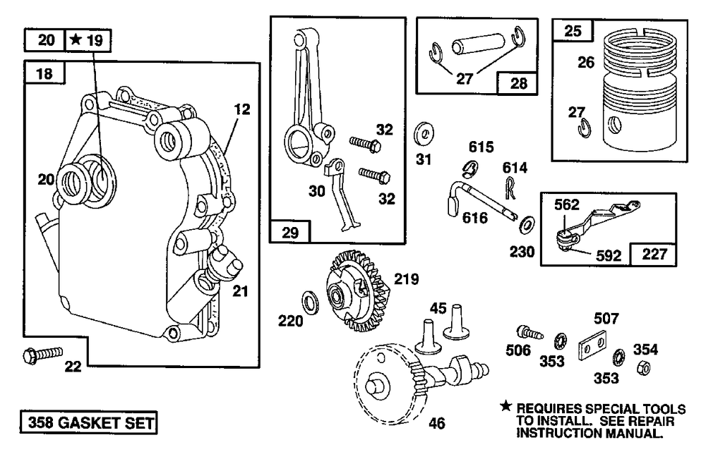 Crankcase Cover, Piston, Cam Diagram and Parts List for 82232-0386-01  Briggs and Stratton Engine